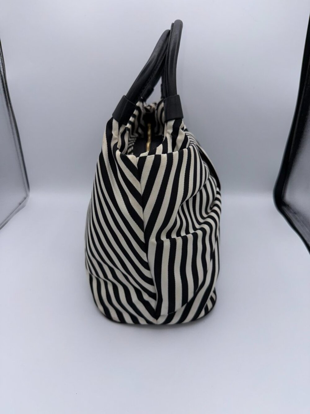 Kate Spade Black White Canvas Striped Bow Handbag Purse Classic Chic - Picture 6 of 16